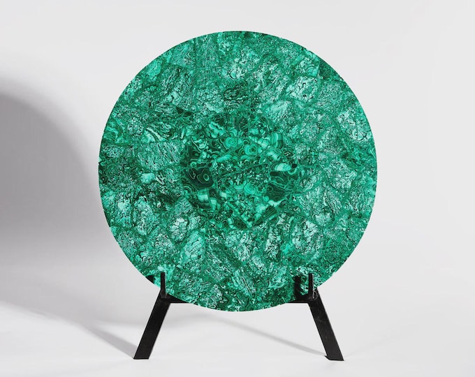 Round Malachite Table Top | Handcrafted Green Gemstone Crystal Art Decor | Coffee Dining Table (Customisable)