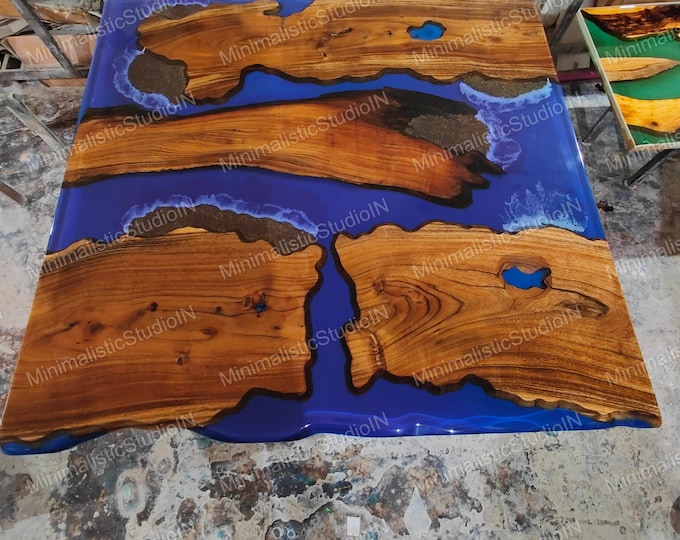 Acacia Wood Epoxy River Table Top | Blue Resin Island Art