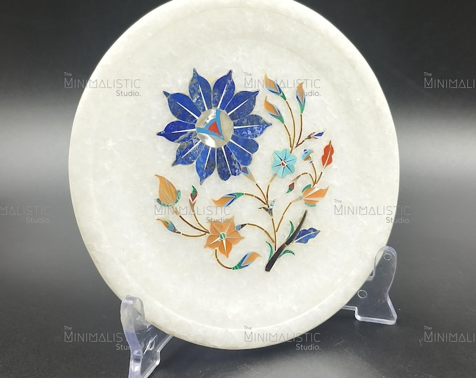 Handmade Marble Inlay Plate | Pietra Dura Blue Lotus Floral Art