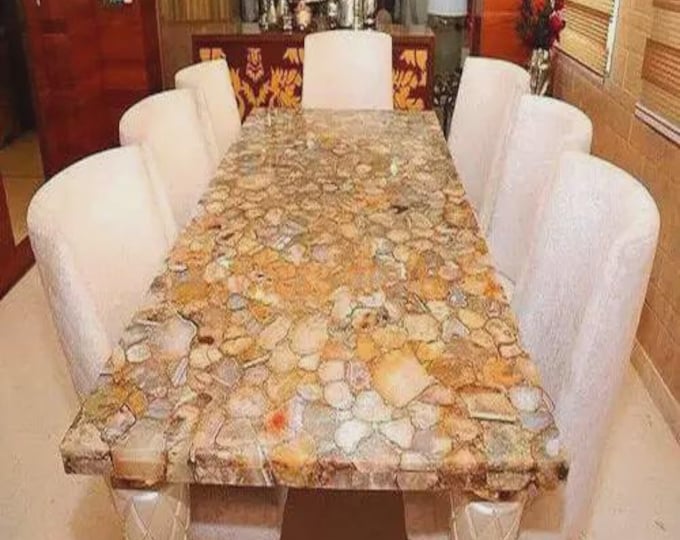 Rectangular Brown Agate Table Top | Luxury Gemstone Dining Coffee Table Earth Tone Crystal | (Customisable)