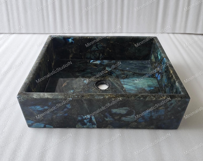 Rectangular Labradorite Stone Sink | Handmade Crystal Vessel Wash Basin for Luxury Bathroom Vanity