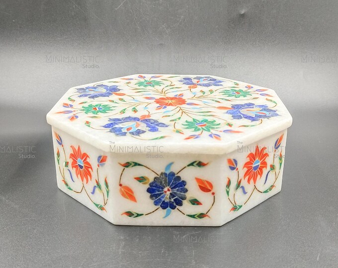 Handmade Octagonal Marble Inlay Box – Red Floral Pietra Dura, Agra
