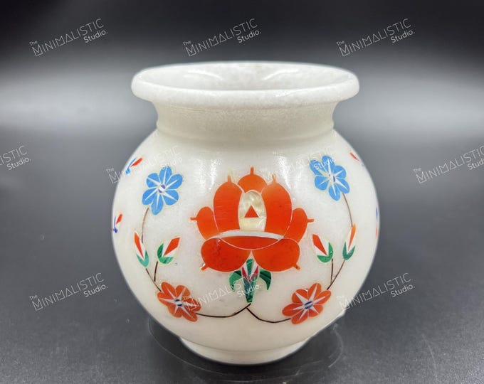 Handmade Marble Matka Vase | Indian Floral Inlay Decor
