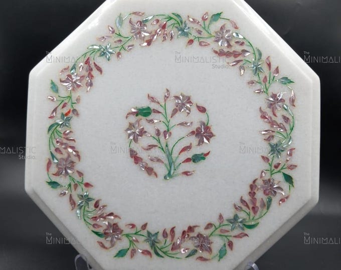 Floral Inlay Marble Plate | Octagonal Pietra Dura Art
