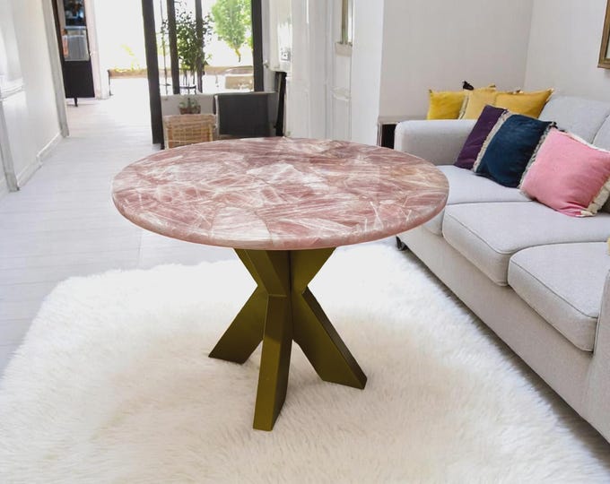 Round Rose Quartz Table Top | Pink Crystal Gemstone | Dining Coffee Table | (Customisable)