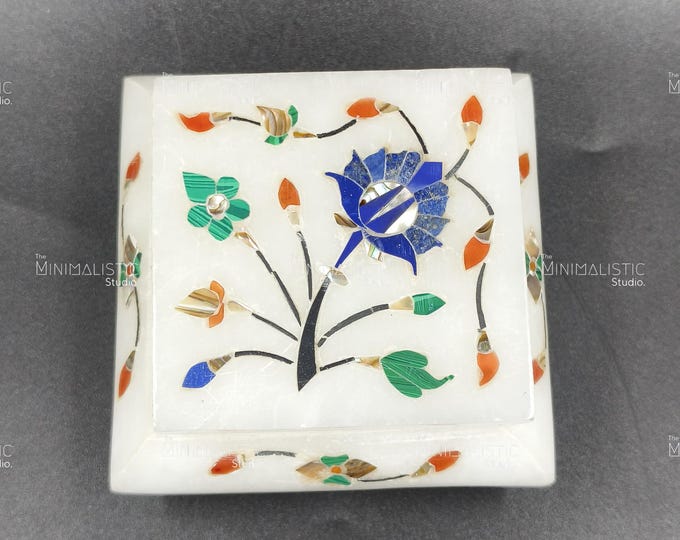 Handmade Makrana Marble Jewelry Box | Floral Inlay, Lapis Lazuli