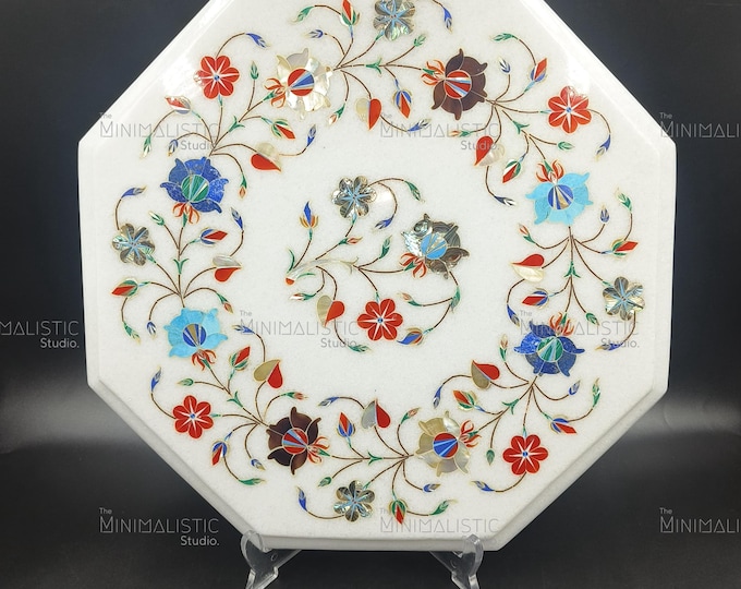 Floral Inlay Marble Table Top | Pietra Dura Indian Art (14x14 Inches)