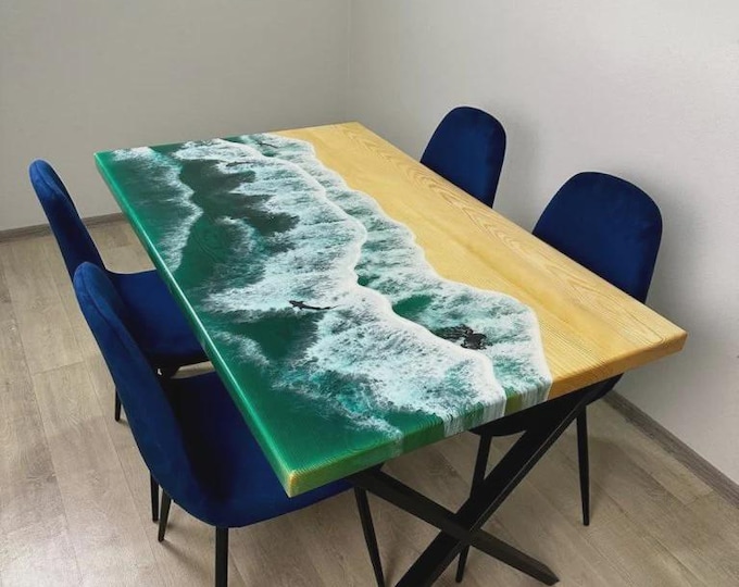 Acacia Wood Green Wave Resin Table Top | Coastal Dining, Coffee Table