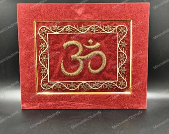 Gold Om Zardozi Embroidery Art | Red Velvet Framed Spiritual Decor