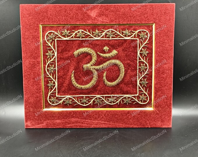 Gold Om Zardozi Embroidery Art | Red Velvet Framed Spiritual Decor