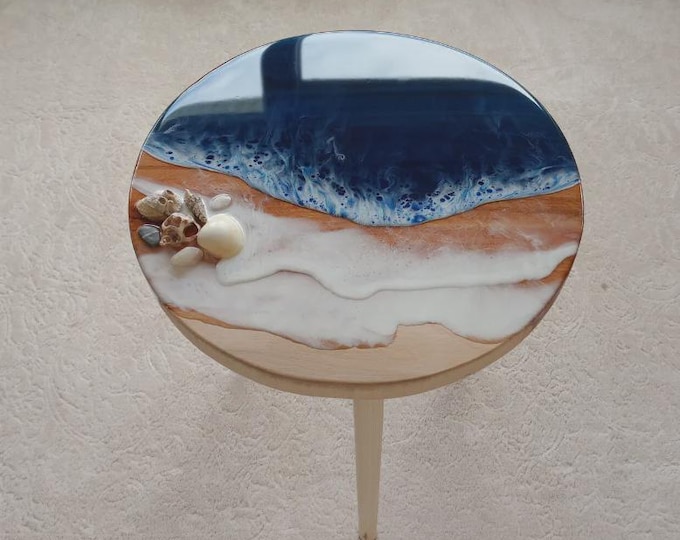 Handmade Ocean Resin Table | Acacia Wood, Seashell Inlay