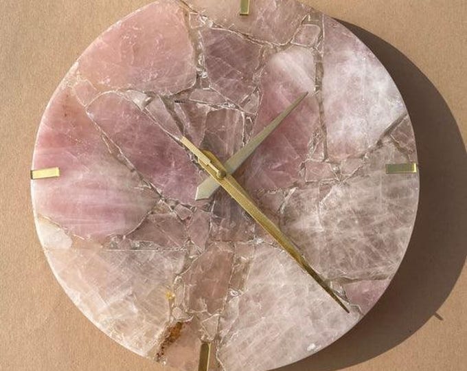 Handmade Round Rose Quartz Wall Clock Minimalist | Natural Gemstone Crystal Boho Decor | (Customisable)