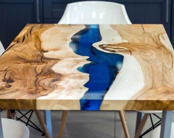 Acacia Wood Blue Epoxy Resin River Table Top | Custom Dining Table