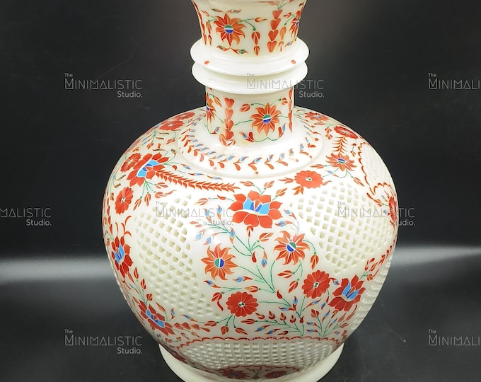 Pietra Dura Marble Vase | Red Floral Gemstone Inlay, Jali Cutwork