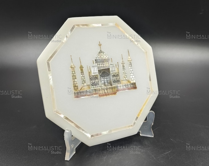 Taj Mahal Marble Inlay Plate | Octagonal White Marble Home Decor | Handmade Indian Craft