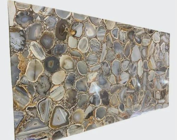 Rectangular Multi-Colour Agate Table Top | Luxe Gemstone Dining Coffee Table Neutral Crystal | (Customisable)