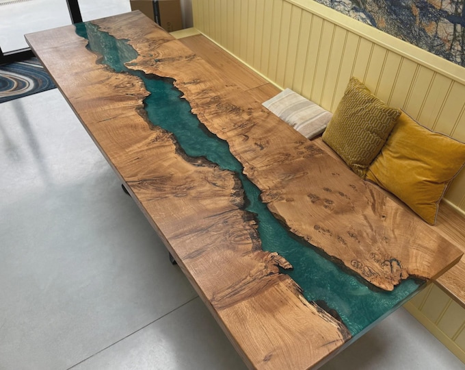 Teal Epoxy River Acacia Wood Table Top | Live Edge, Rectangular