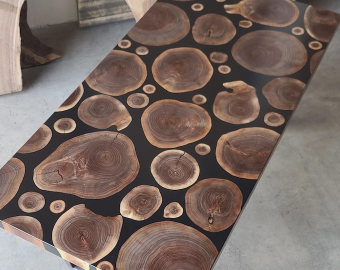 Black Epoxy Acacia Wood Slice Table Top | Customizable Dining Table