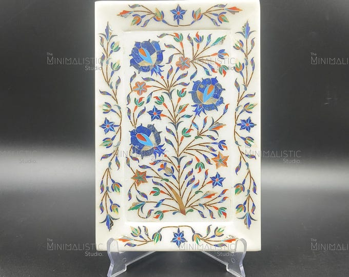 Handmade Marble Inlay Tray | Makrana Stone Floral Platter, Indian Art
