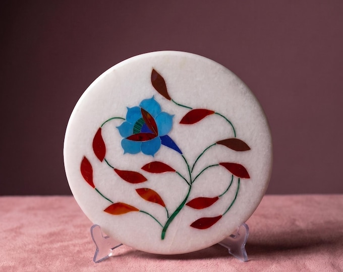 Flower makrana Marble Plate | Artisan Wall Display Decor Plate| 9 Inch