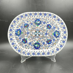 Oval White Marble Inlay Tray – Handcrafted Pietra Dura Floral Mosaic for Home & Gifting (Masterpiece)