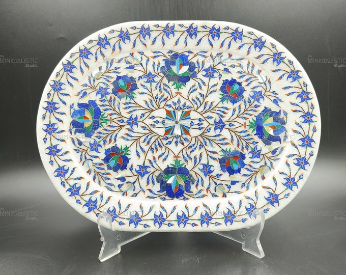 Oval White Marble Inlay Tray – Handcrafted Pietra Dura Floral Mosaic for Home & Gifting (Masterpiece)