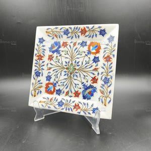 Handmade Marble Inlay Square Tray | White Makrana Marble | Pietra Dura Floral Art | Decorative Serving Dish | Luxury Gift Idea