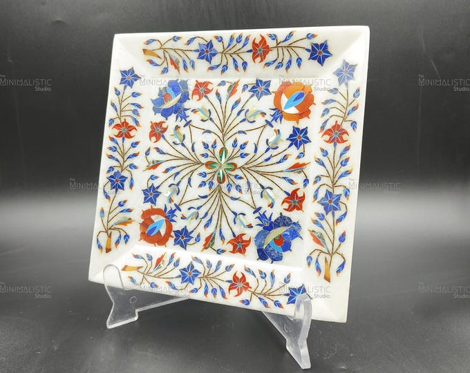 Handmade Makrana Marble Inlay Tray | Pietra Dura Floral Art