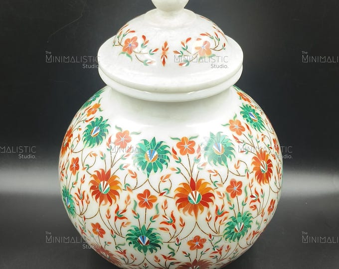 Handmade Makrana Marble Ginger Jar | Pietra Dura Floral Inlay, 12"