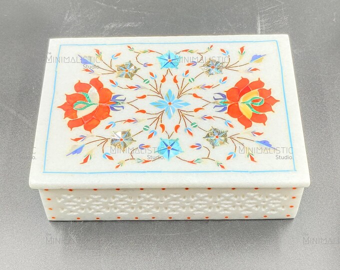 Handmade White Marble Inlay Box – Floral Pietra Dura Keepsake, India