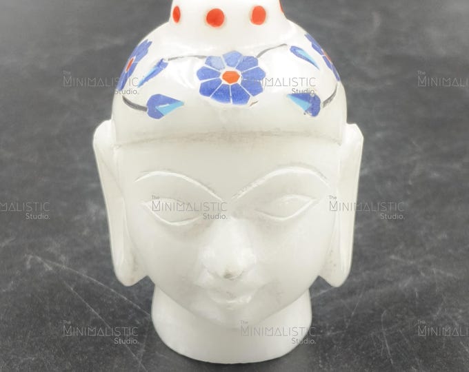 Hand Carved White Marble Buddha Head | Indian Spiritual Decor (2 Inches)