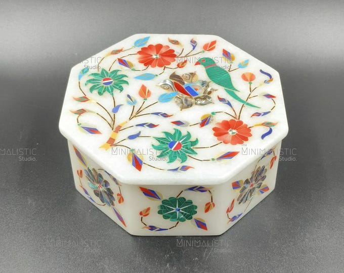 Handmade Marble Inlay Octagon Box – Bird & Floral Jewelry Keepsake