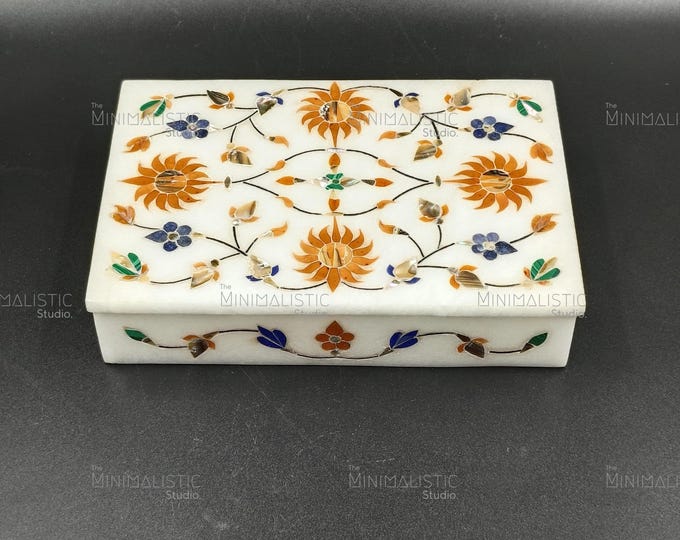 Handcrafted White Marble Jewelry Box | Pietra Dura Floral Inlay, Keepsake Storage