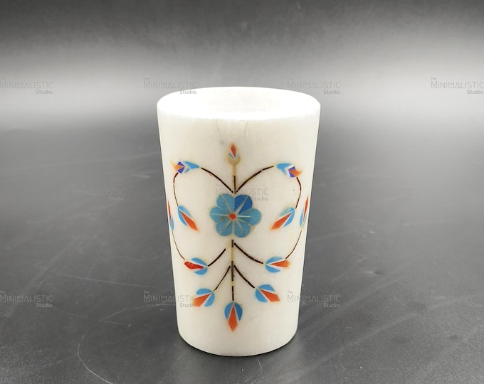 Handmade Makrana Marble Pen Holder – Floral Inlay, Mughal Art