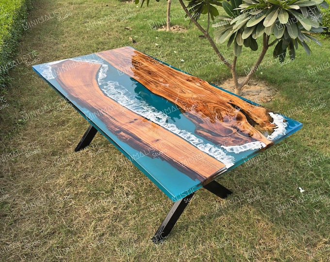 Acacia Wood Turquoise Epoxy Table Top | Custom Dining or Coffee Table