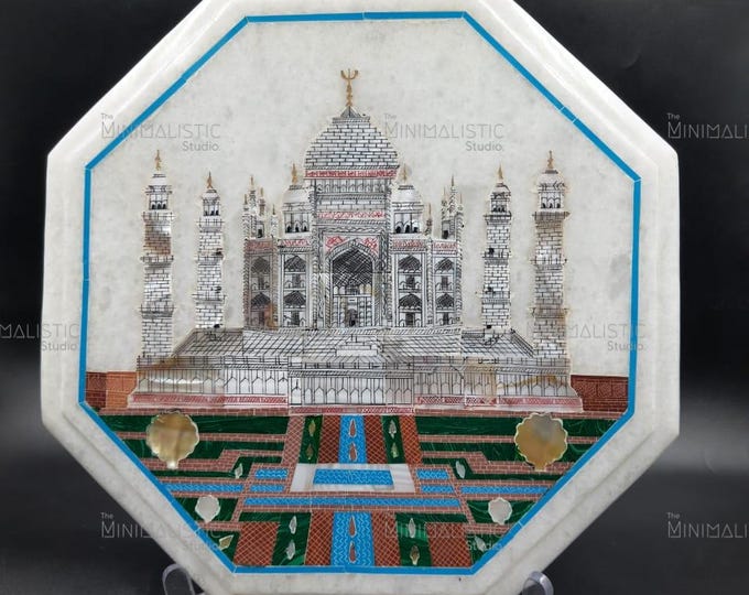 Taj Mahal Marble Plate | Octagonal Gemstone Inlay, Indian Decor