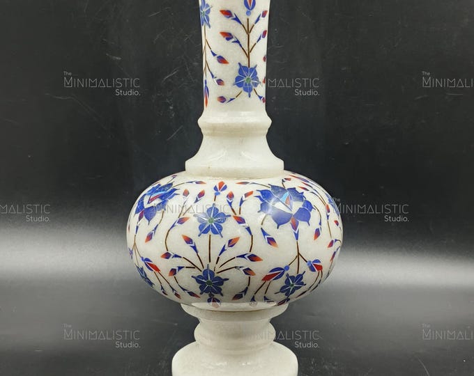 Handcrafted White Marble Inlay Vase | Pietra Dura Floral Decor