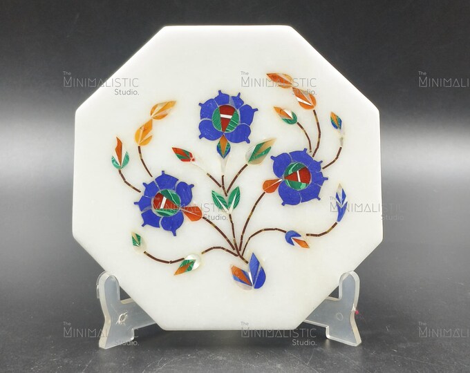 Handmade Marble Inlay Plate | Octagon Floral Design | Indian Stone Trivet | White Makrana Centerpiece Art