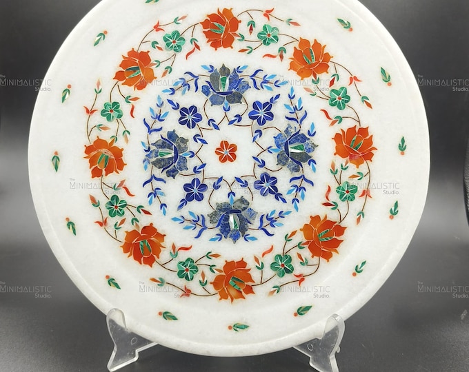 Handmade Marble Inlay Plate – Floral Pietra Dura Wall Decor