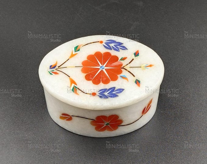 Handmade Marble Inlay Jewelry Box | Floral Pietra Dura Art