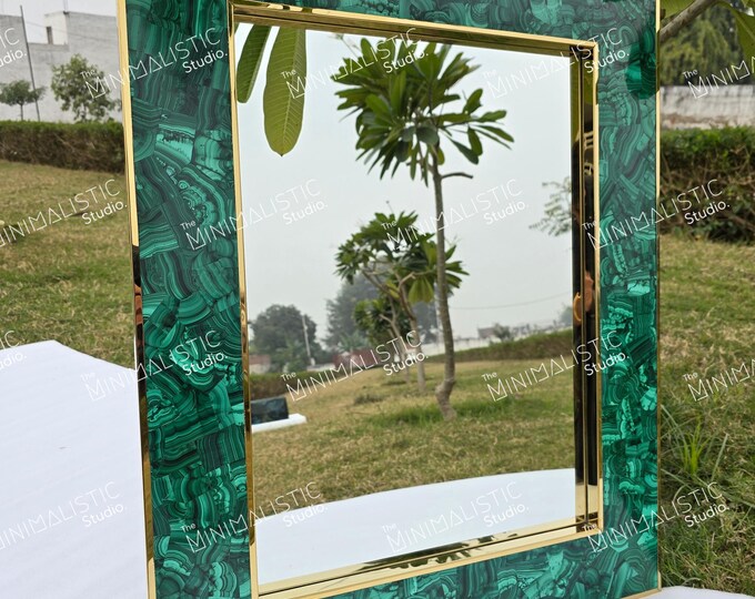 Handmade Malachite Mirror with Brass Border | Luxe Wall Decor