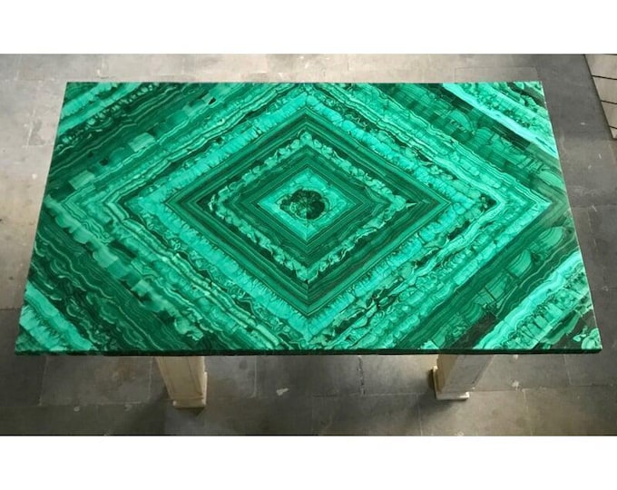 Handmade Chevron Malachite Table Top | Luxury Green Gemstone