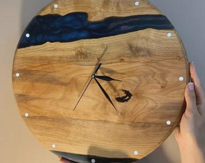 Handmade Acacia Wood Wall Clock | Black Epoxy Resin, Modern Decor