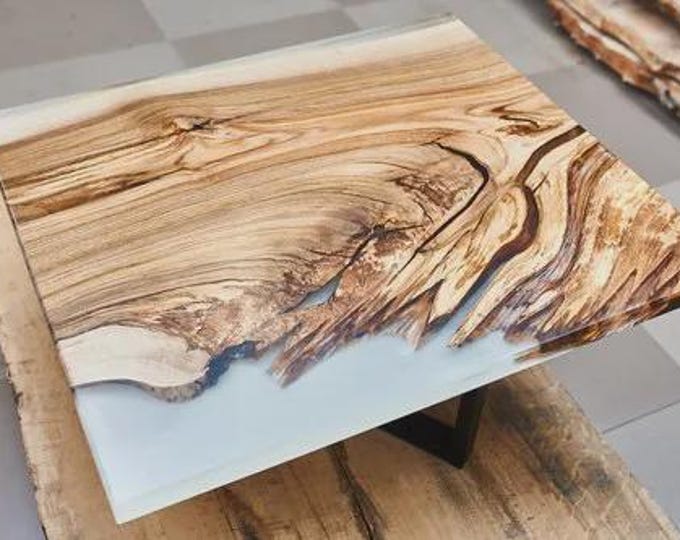 Square White Epoxy Acacia Wood Table Top | Live Edge Centerpiece (Customizable)