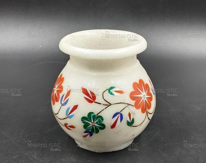 Floral Inlay Makrana Marble Mini Pot | Indian Handicraft