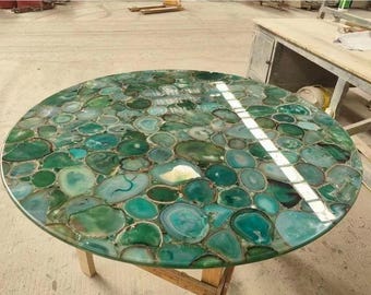 Tablero de mesa redondo de ágata verde / Adorno decorativo de lujo hecho a mano con piedras preciosas / Mesa de centro para comedor / (Personalizable)