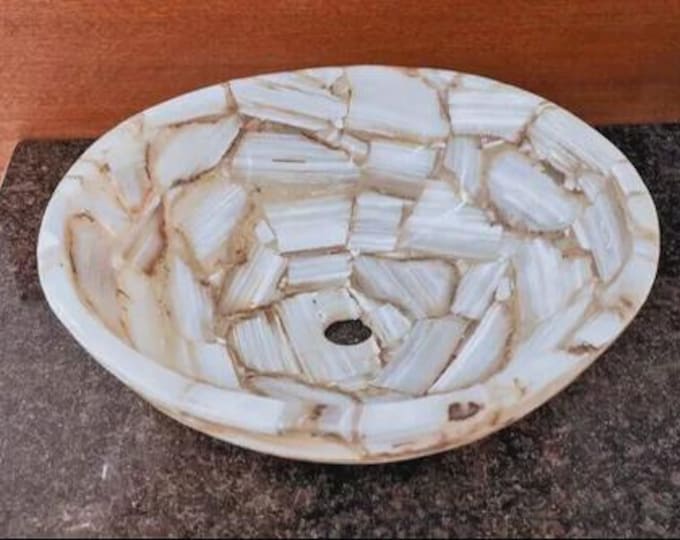 Round White Agate Sink | Gemstone Wash Basin for Bathrooms | (Customisable)
