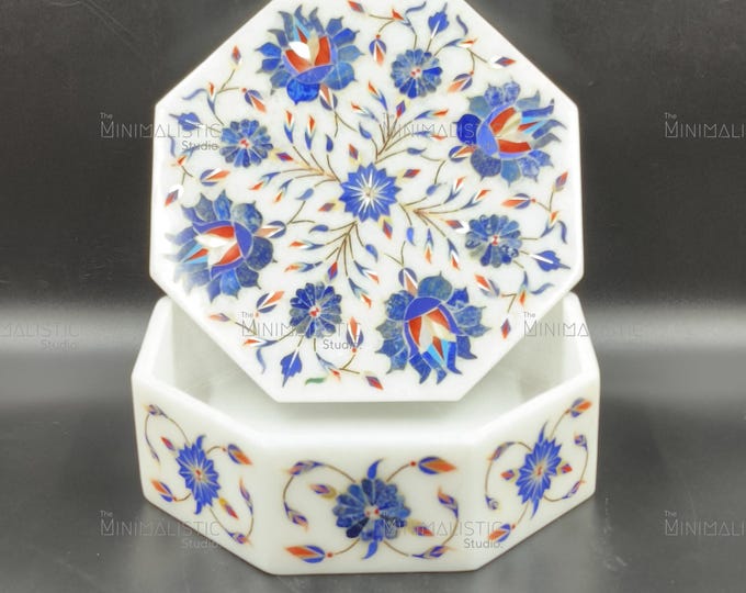 Handmade Octagonal Marble Inlay Box – Pietra Dura Floral Keepsake