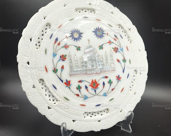 Floral Marble Inlay Plate – Handmade Pietra Dura Wall Art