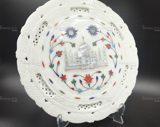 Floral Marble Inlay Plate – Handmade Pietra Dura Wall Art